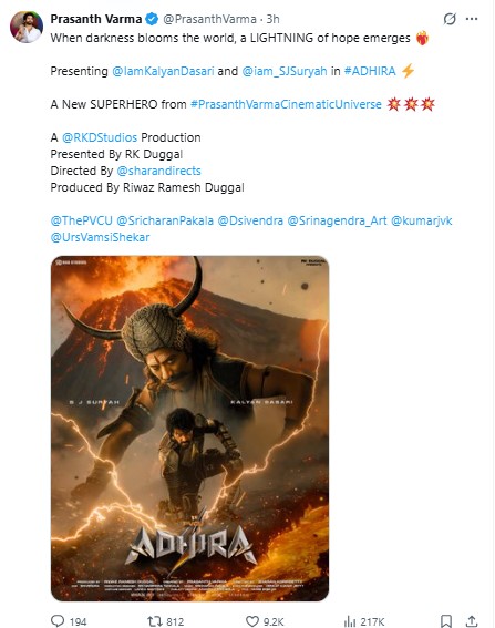 Prasanth Varma on Adhira Poster.