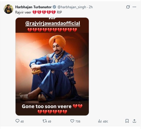 Harbhajan expresses sorrow at Rajvir Jawanda's Death